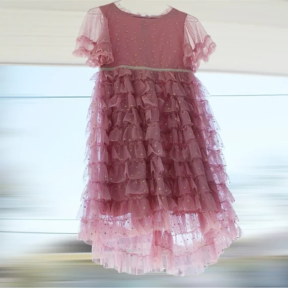 Mini Boden Gold Star Print Pink Ruffle Tulle Dress. Size 11/12